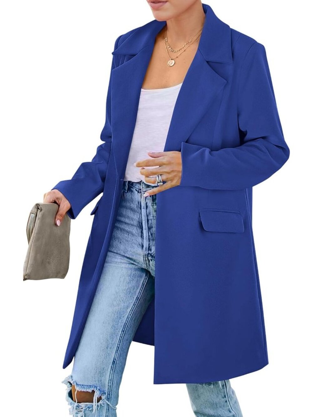 Women's Royal Blue Mid-Length Padded Shoulder Loose Fit Fall Blazer Trench Coat